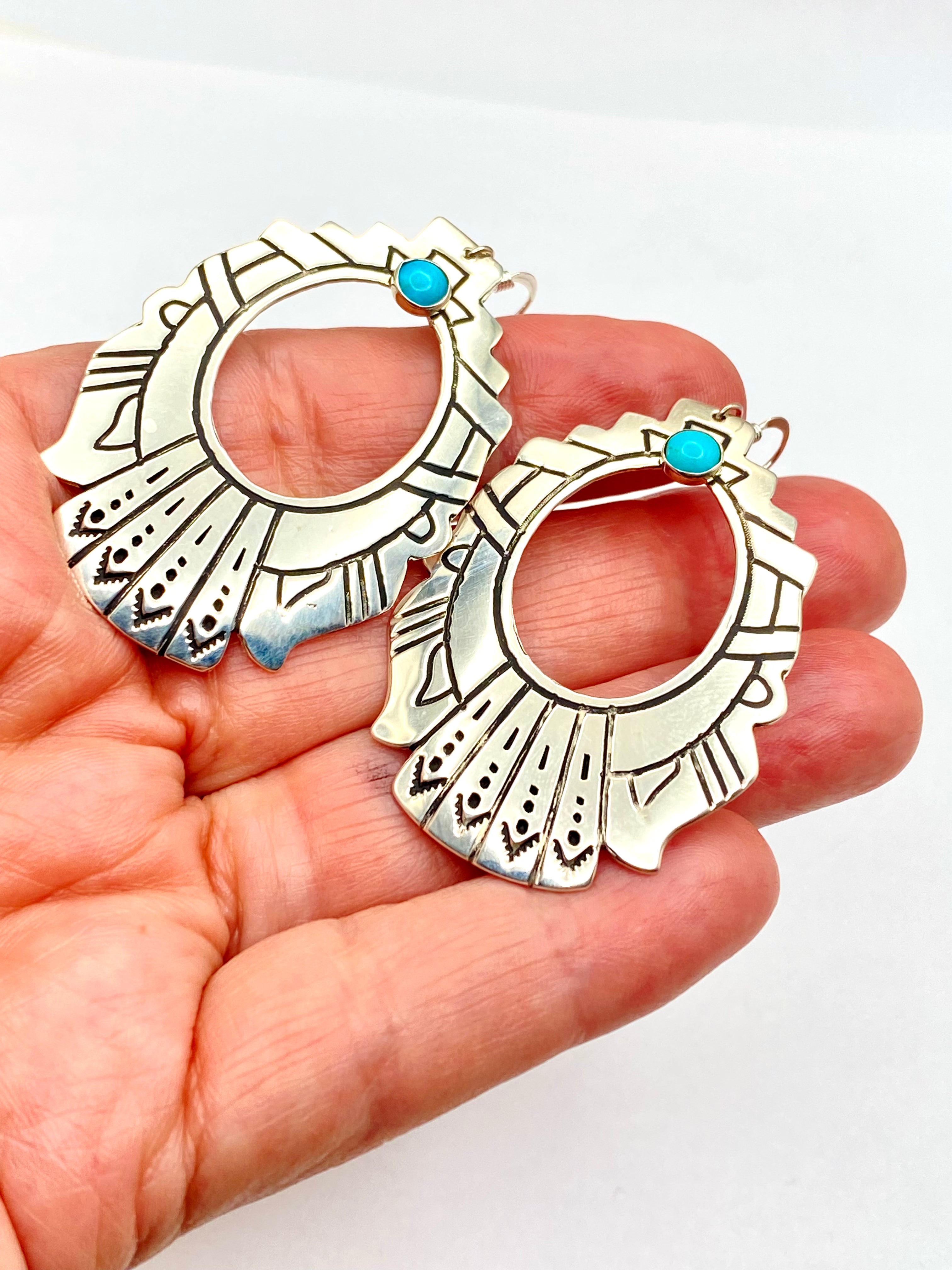 Large Sterling Teardrop Hoop Earrings Hooks Small Turquoise T&R Singer Navajo