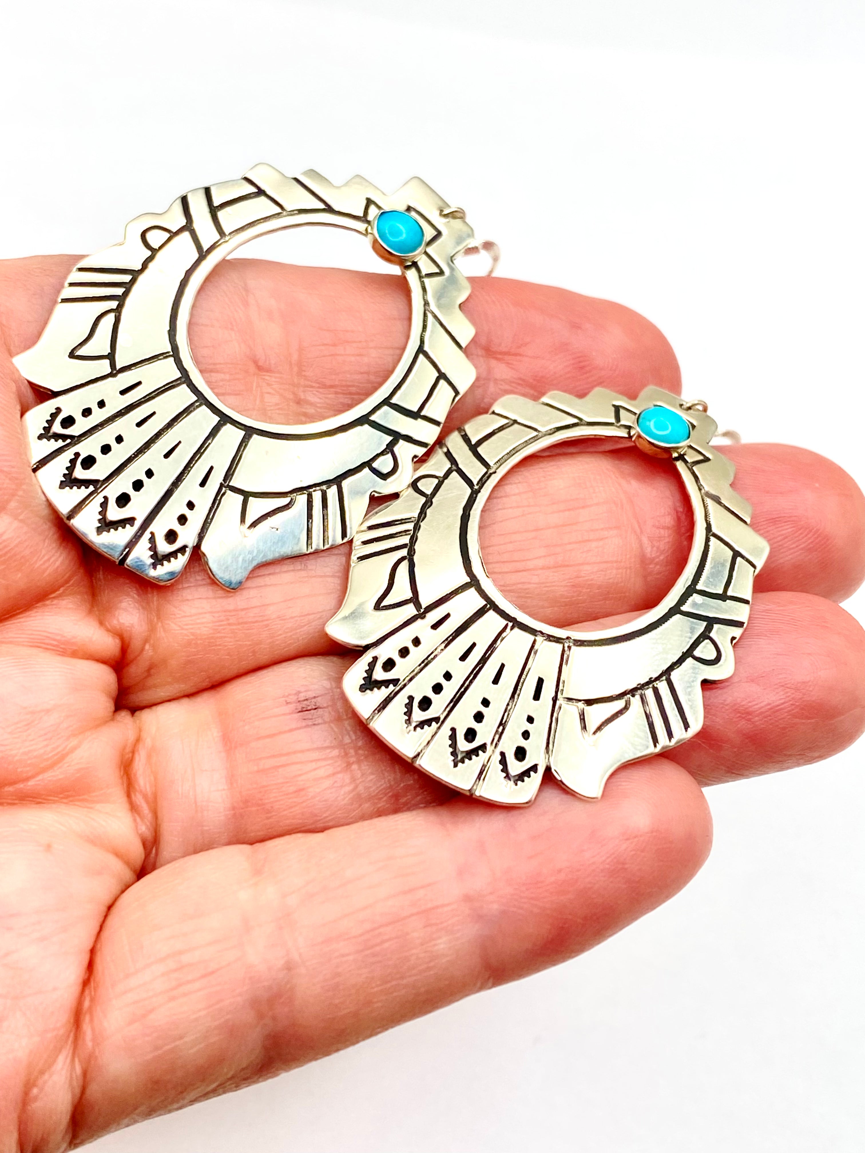 Large Sterling Teardrop Hoop Earrings Hooks Small Turquoise T&R Singer Navajo