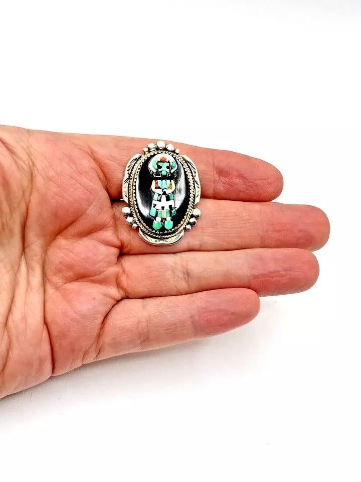 VTG Zuni Sterling Kachina Ring Raised Inlay SZ 8 Turquoise Jet MOP Signed Pinto