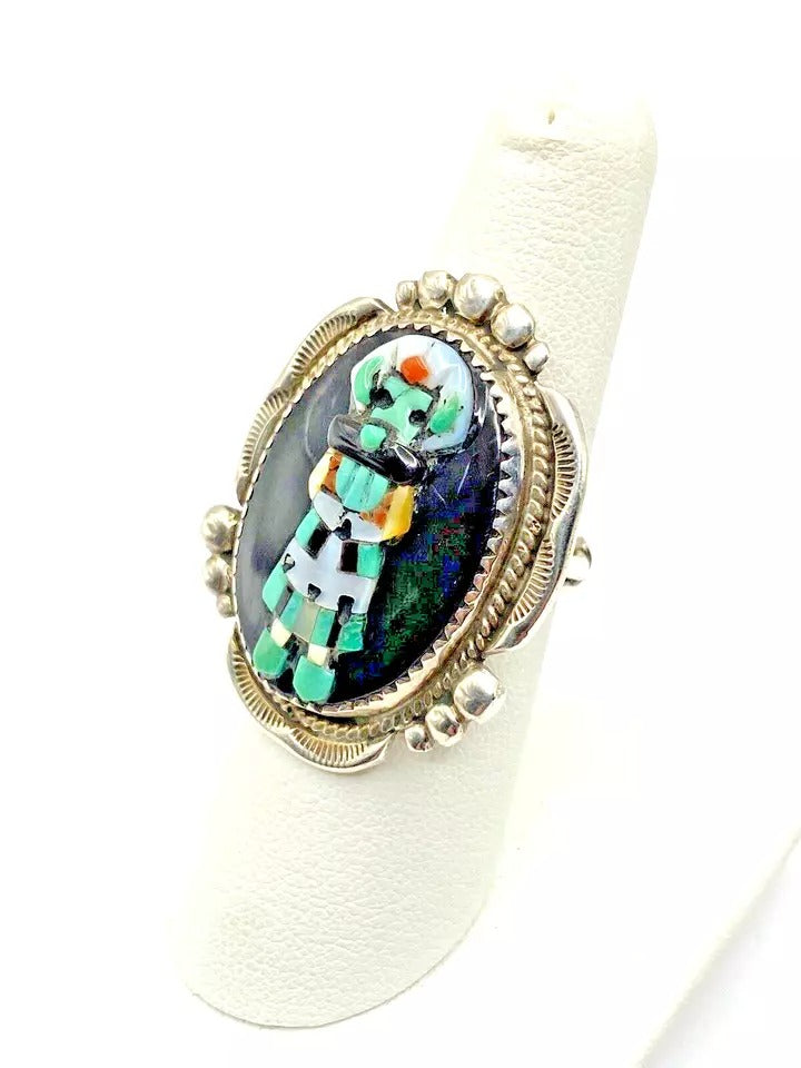 VTG Zuni Sterling Kachina Ring Raised Inlay SZ 8 Turquoise Jet MOP Signed Pinto