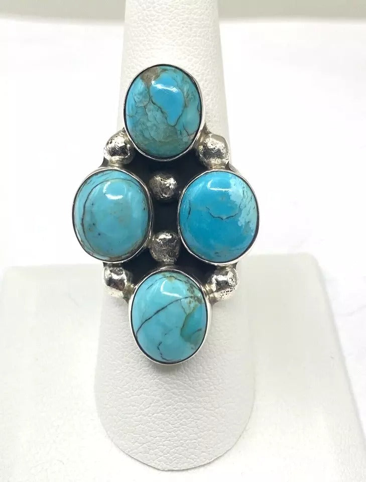 Kingman Cluster Turquoise Ring SZ 8.75 Sterling Navajo Native American R. Little