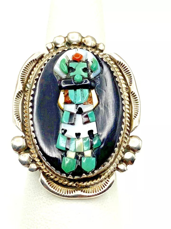 VTG Zuni Sterling Kachina Ring Raised Inlay SZ 8 Turquoise Jet MOP Signed Pinto