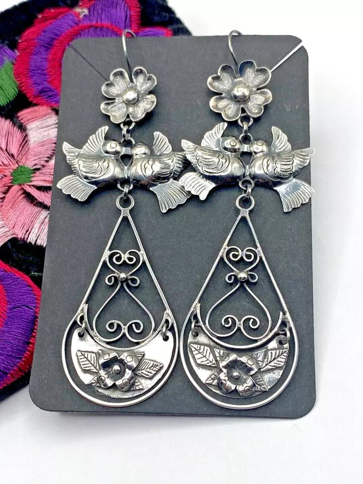 Federico Jimenez Dangle Earrings Sterling Silver "Frida's Doves" Native American