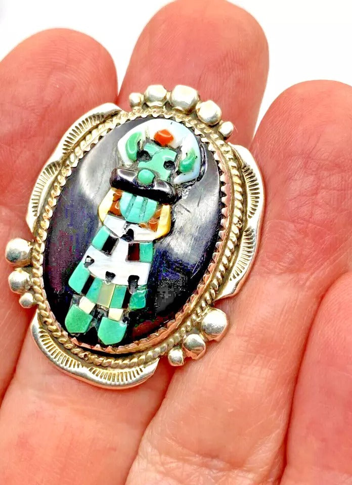 VTG Zuni Sterling Kachina Ring Raised Inlay SZ 8 Turquoise Jet MOP Signed Pinto