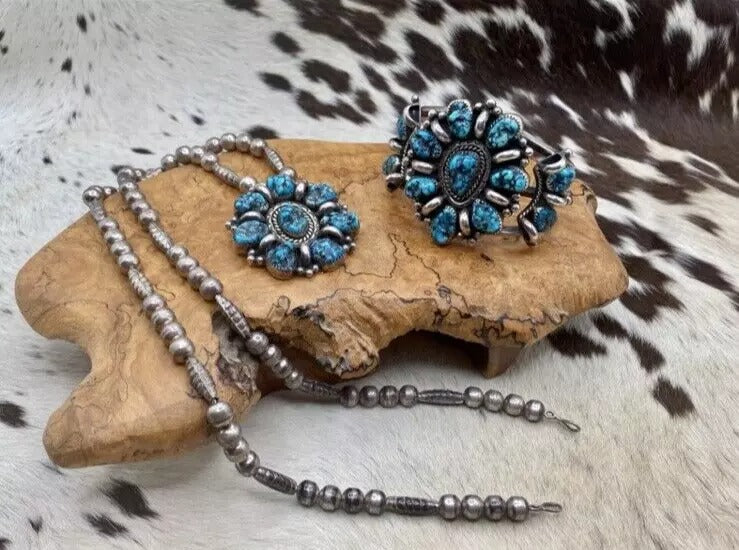 VTG Sterling Kingman Turquoise Nugget Cluster Bracelet Necklace Set Navajo