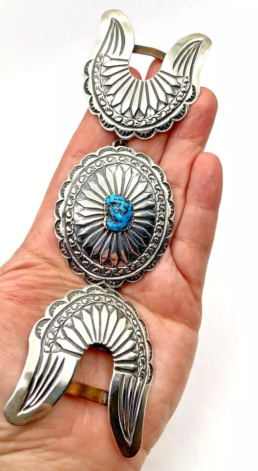 Vintage Retro 3 Piece Belt Buckle Set Sterling Silver Turquoise Navajo Signed