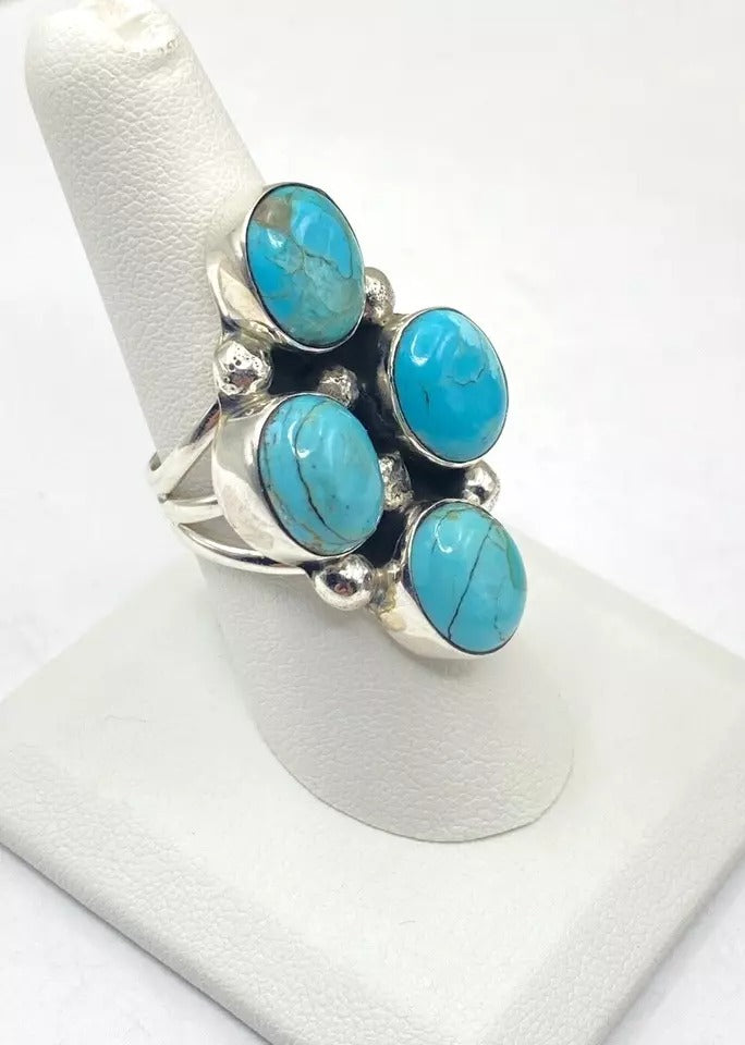Kingman Cluster Turquoise Ring SZ 8.75 Sterling Navajo Native American R. Little