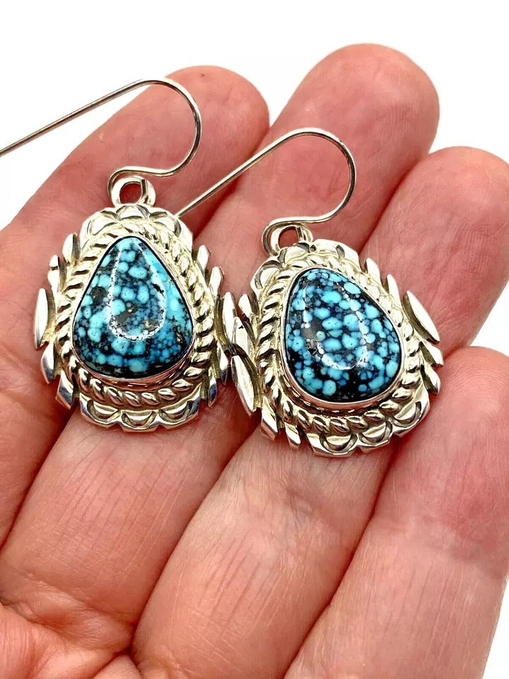 Kingman Spiderweb Turquoise Earrings Sterling Silver Navajo Thomas Francisco