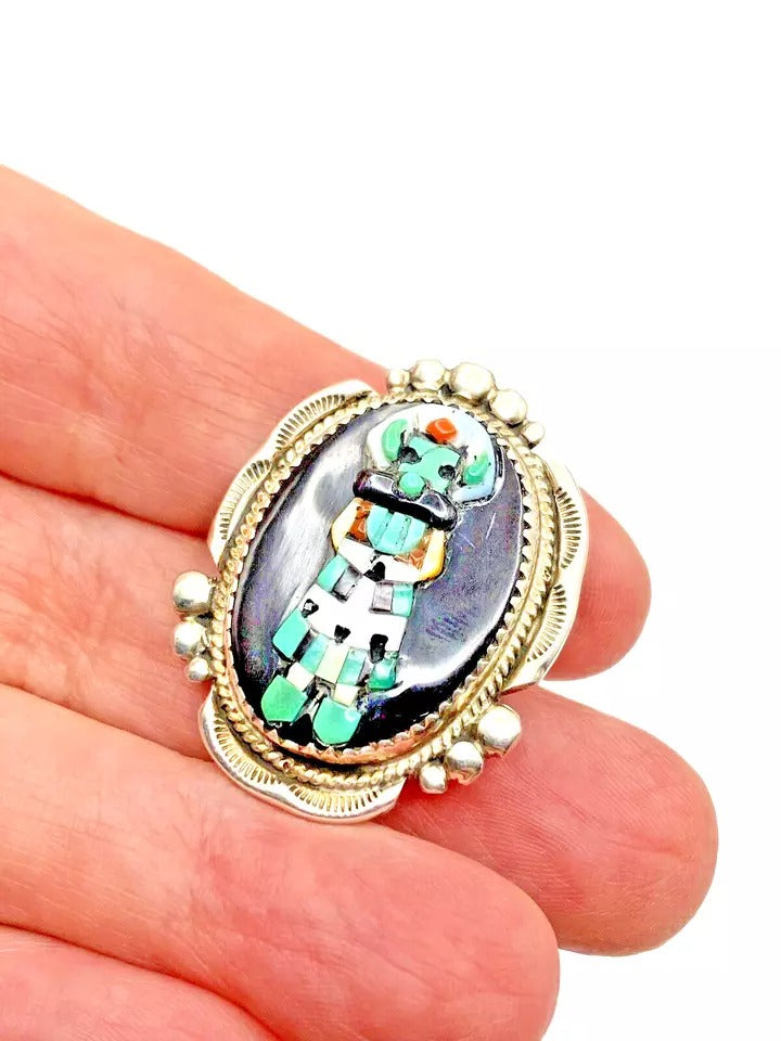 VTG Zuni Sterling Kachina Ring Raised Inlay SZ 8 Turquoise Jet MOP Signed Pinto