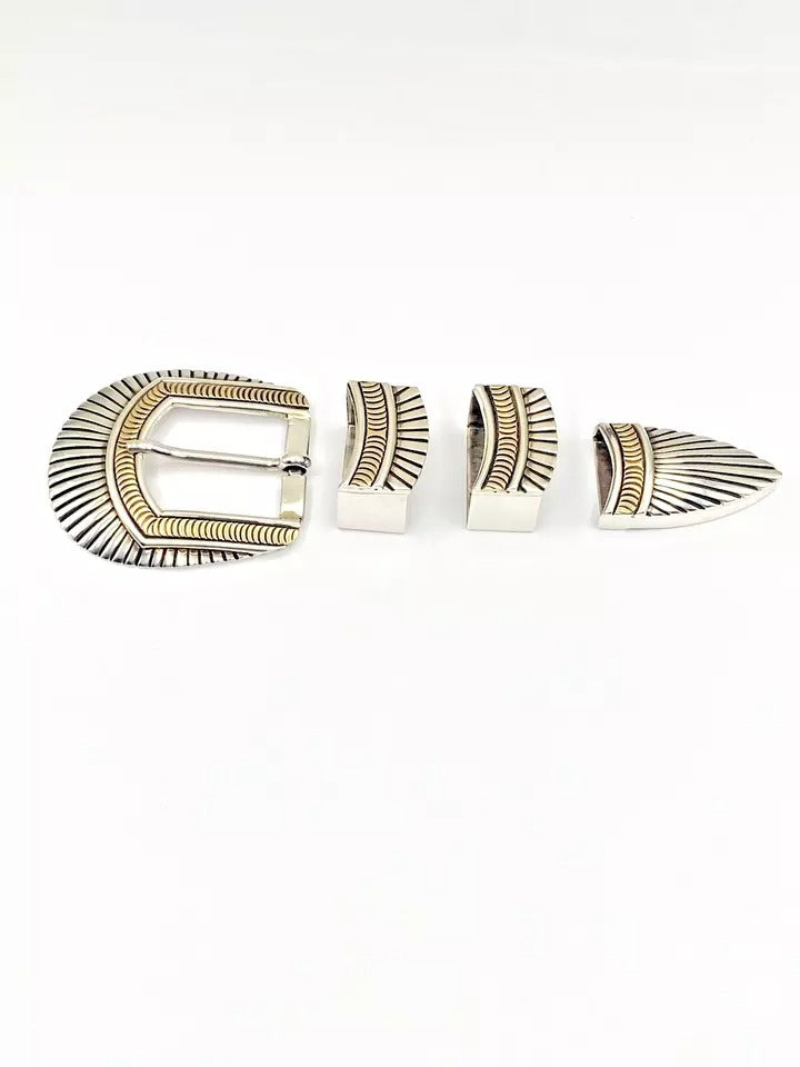VTG Sterling 4-Piece Ranger Set Belt Buckle 14K Overlay Native American Signed