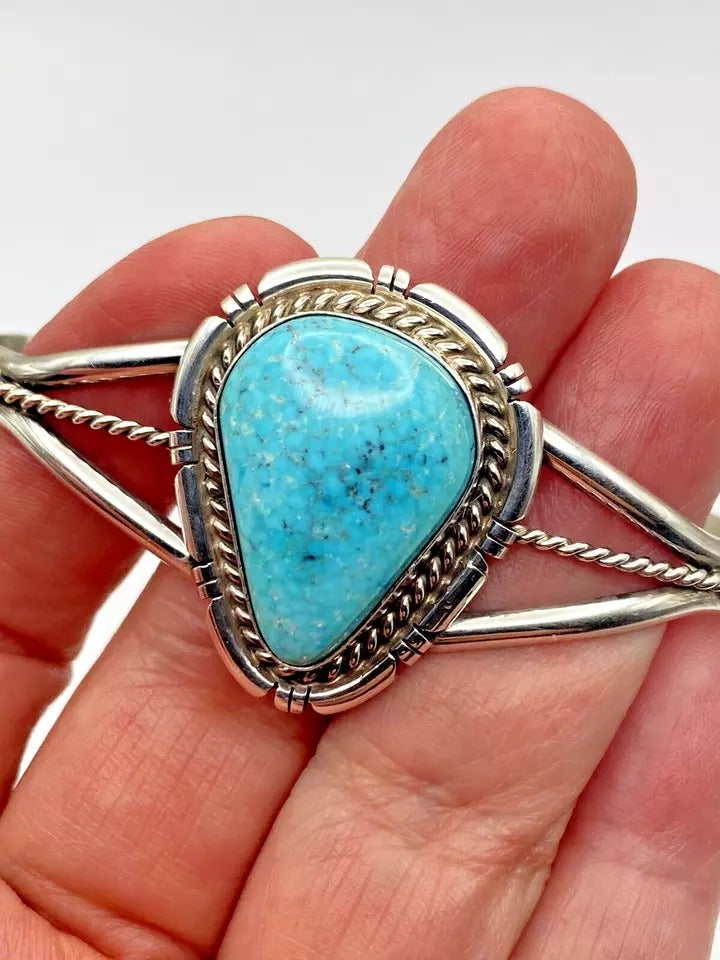 Kingman Water Web Turquoise Bracelet Sterling Teardrop Navajo David Skeets