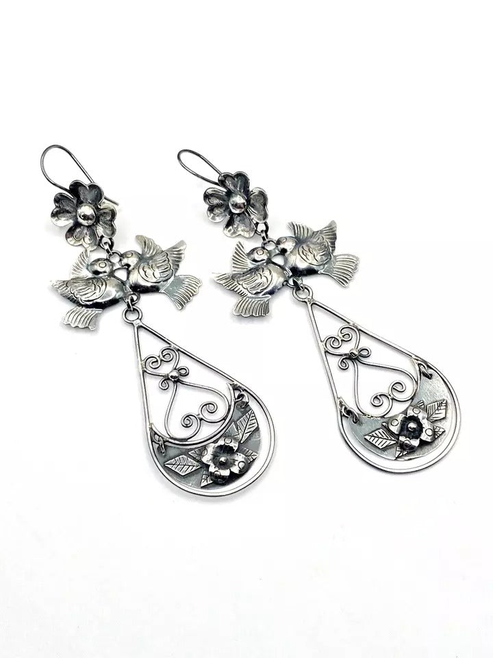 Federico Jimenez Dangle Earrings Sterling Silver "Frida's Doves" Native American