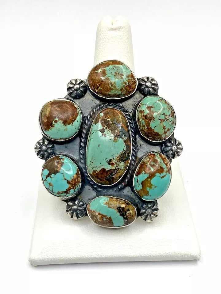 Green Turquoise Sterling Silver Statement Ring SZ 10 Adjustable Native American