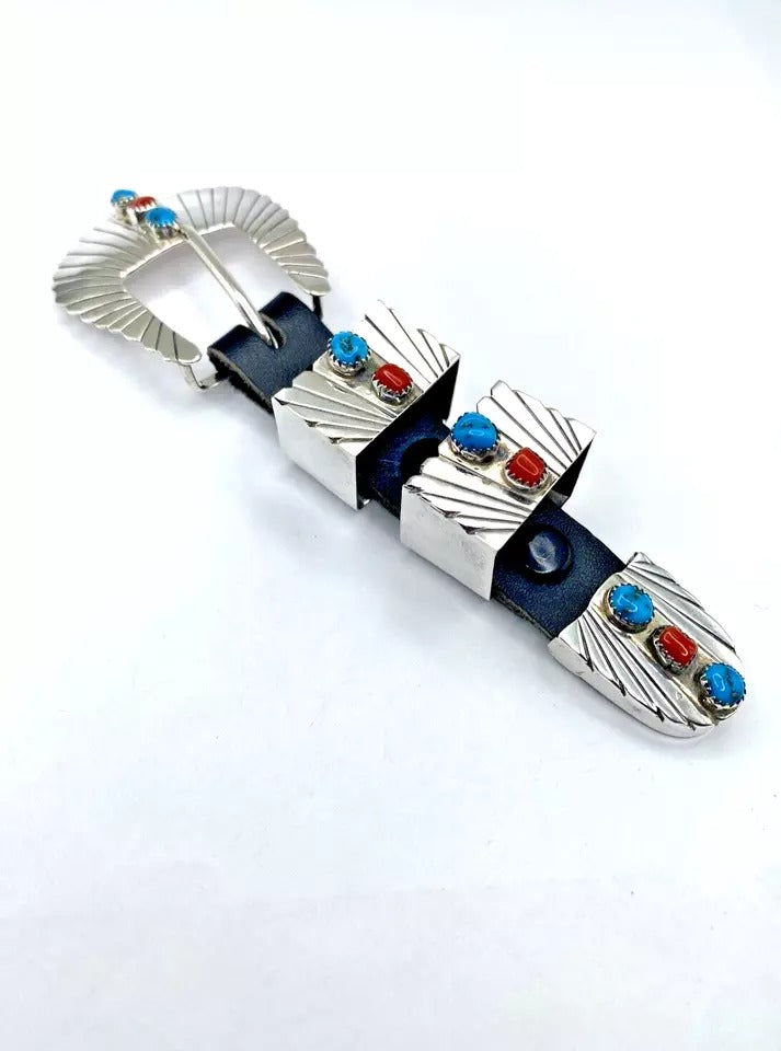 Turquoise Coral Ranger Set Belt Buckle Sterling Silver Navajo Pete Morgan