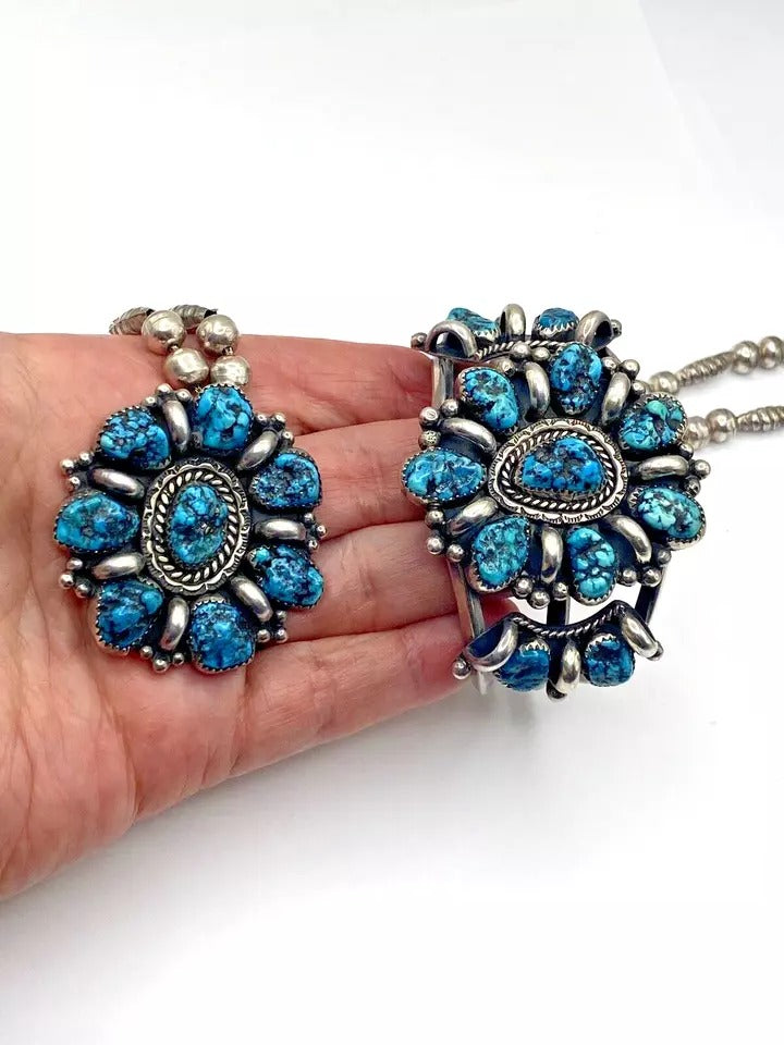 VTG Sterling Kingman Turquoise Nugget Cluster Bracelet Necklace Set Navajo