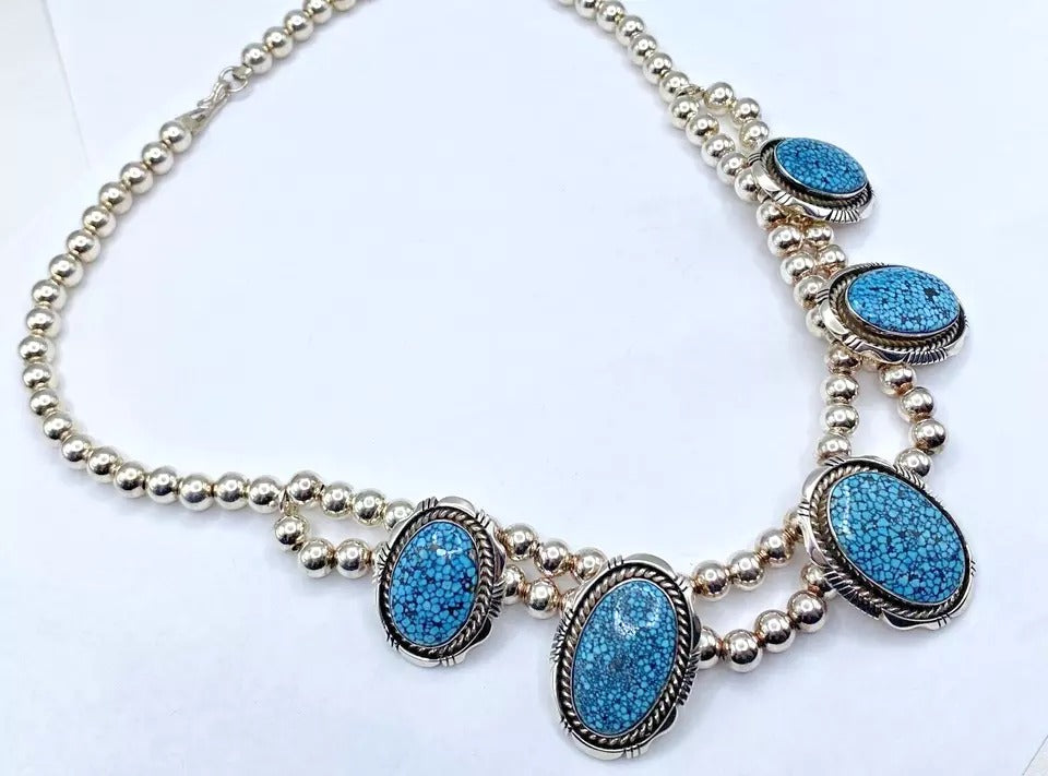 Kingman Spiderweb Turquoise Necklace 19" Sterling Silver Beads Navajo E. Belone