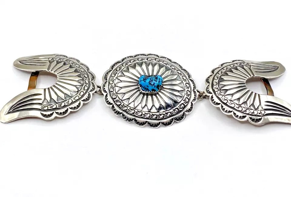 Vintage Retro 3 Piece Belt Buckle Set Sterling Silver Turquoise Navajo Signed