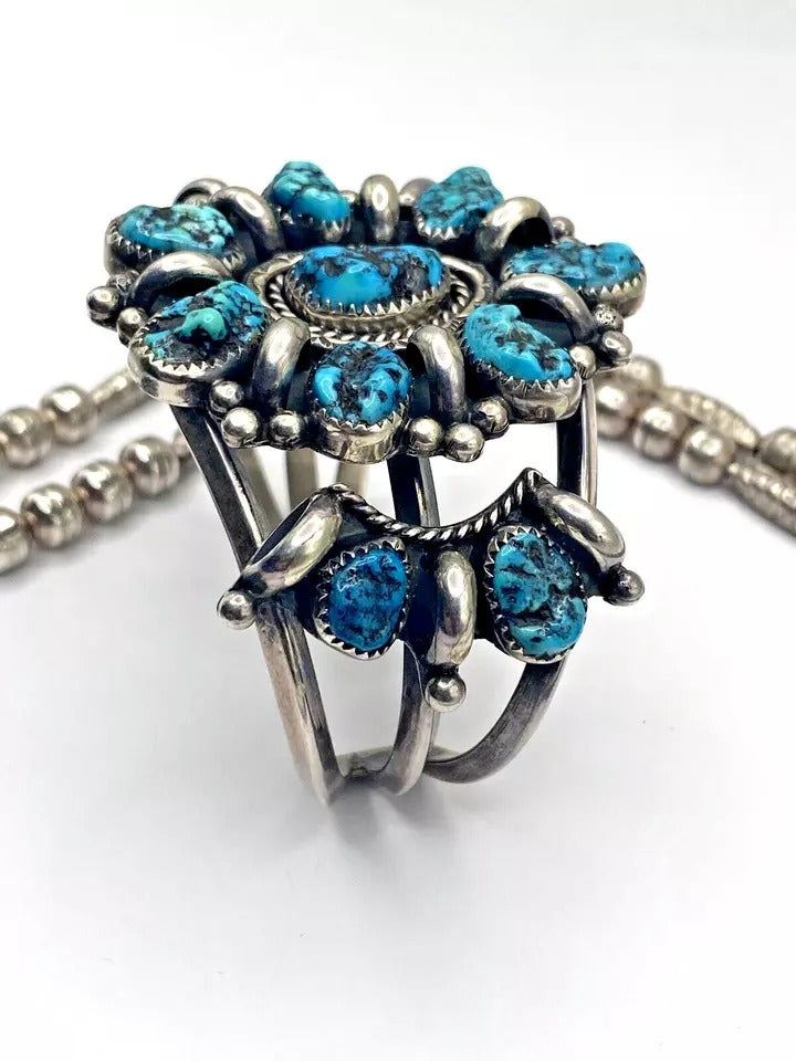 VTG Sterling Kingman Turquoise Nugget Cluster Bracelet Necklace Set Navajo