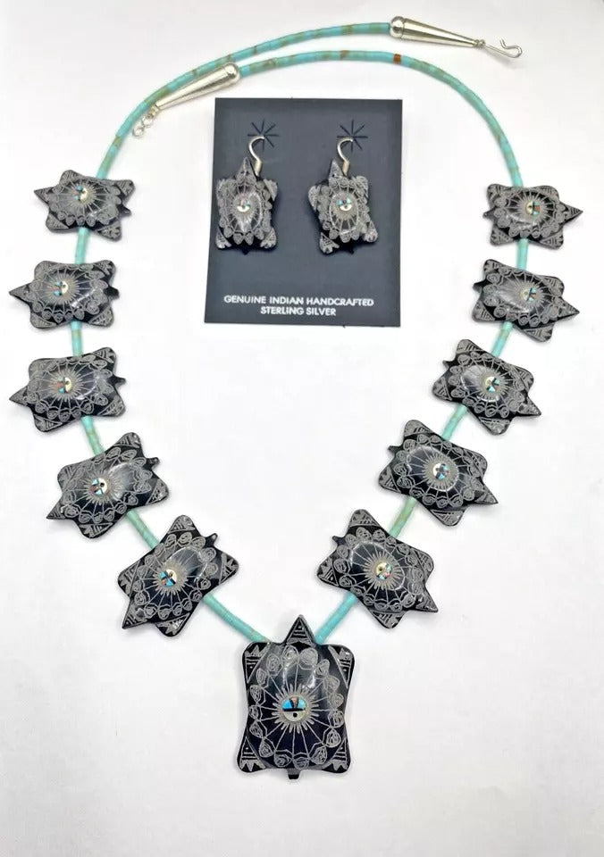 Onyx Turtle Fetish Necklace Earring Set Turquoise Zuni Native American Gasper