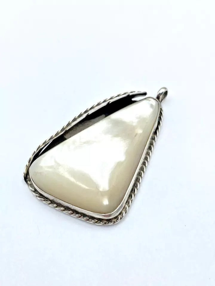 VTG Sterling Silver Mother of Pearl Pendant Large Leaf Applique Native American