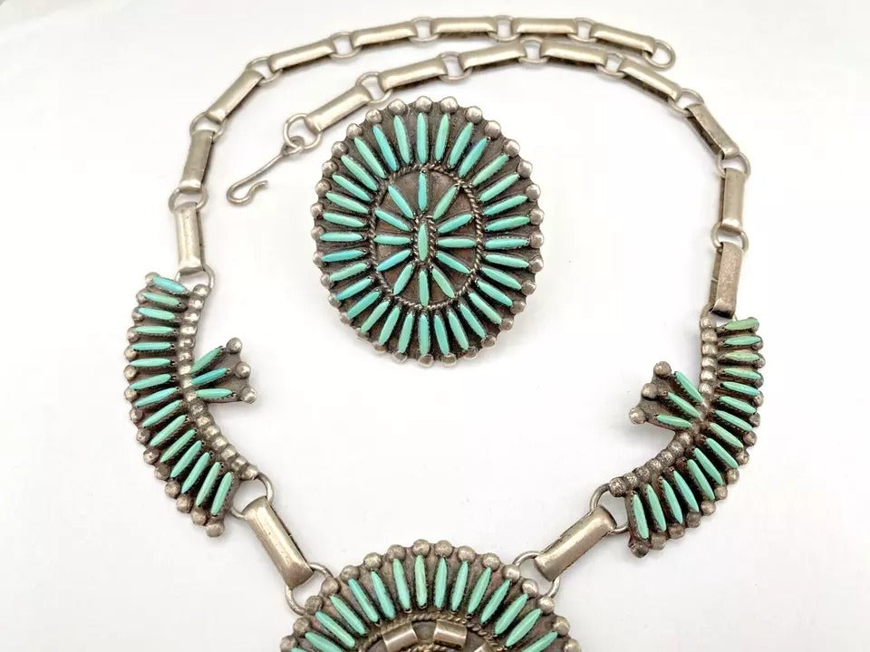 Vintage Green Turquoise Needlepoint Necklace Ring Set Sterling Zuni DJ Ghahate