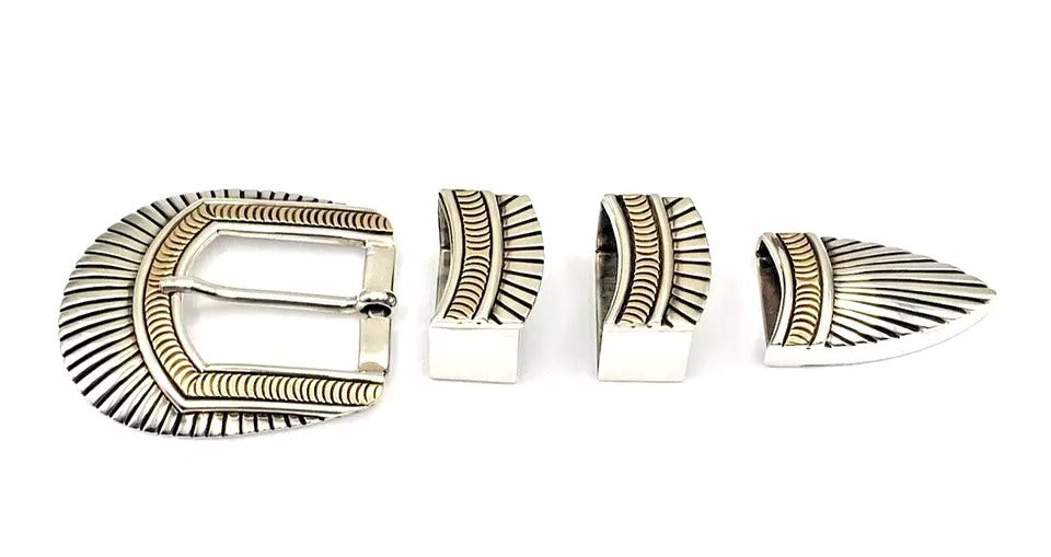 VTG Sterling 4-Piece Ranger Set Belt Buckle 14K Overlay Native American Signed