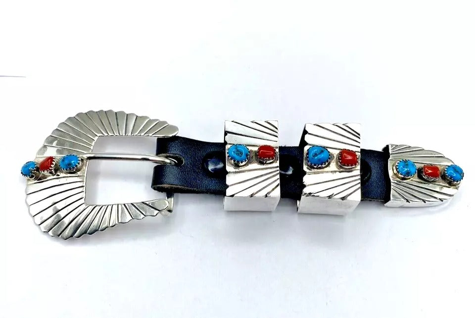 Turquoise Coral Ranger Set Belt Buckle Sterling Silver Navajo Pete Morgan
