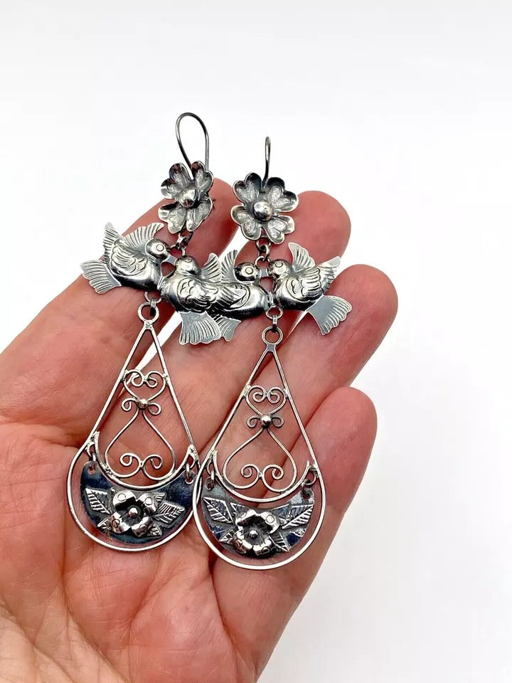 Federico Jimenez Dangle Earrings Sterling Silver "Frida's Doves" Native American