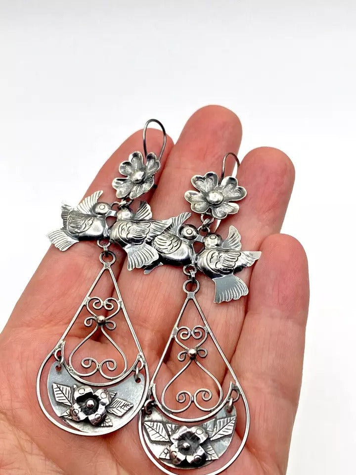 Federico Jimenez Dangle Earrings Sterling Silver "Frida's Doves" Native American