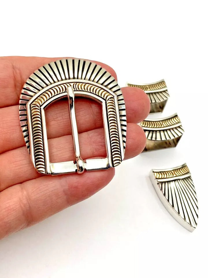 VTG Sterling 4-Piece Ranger Set Belt Buckle 14K Overlay Native American Signed