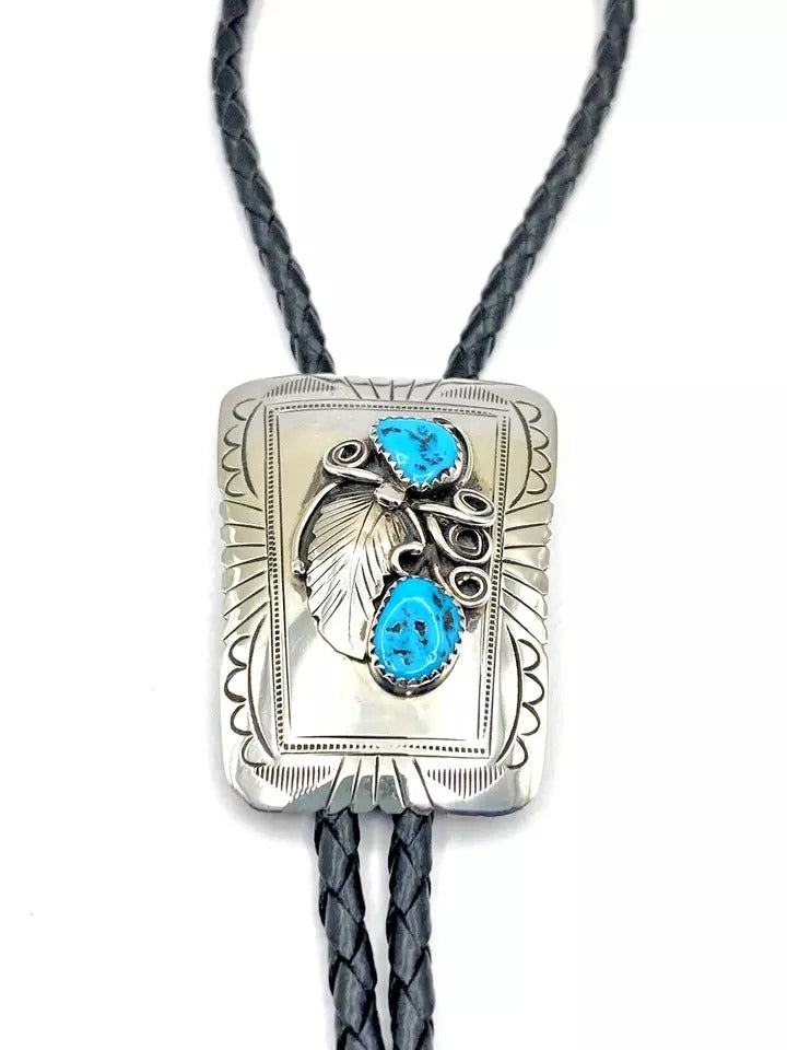 Vintage Sterling Silver Turquoise Bolo Tie Light Gauge Native American Signed