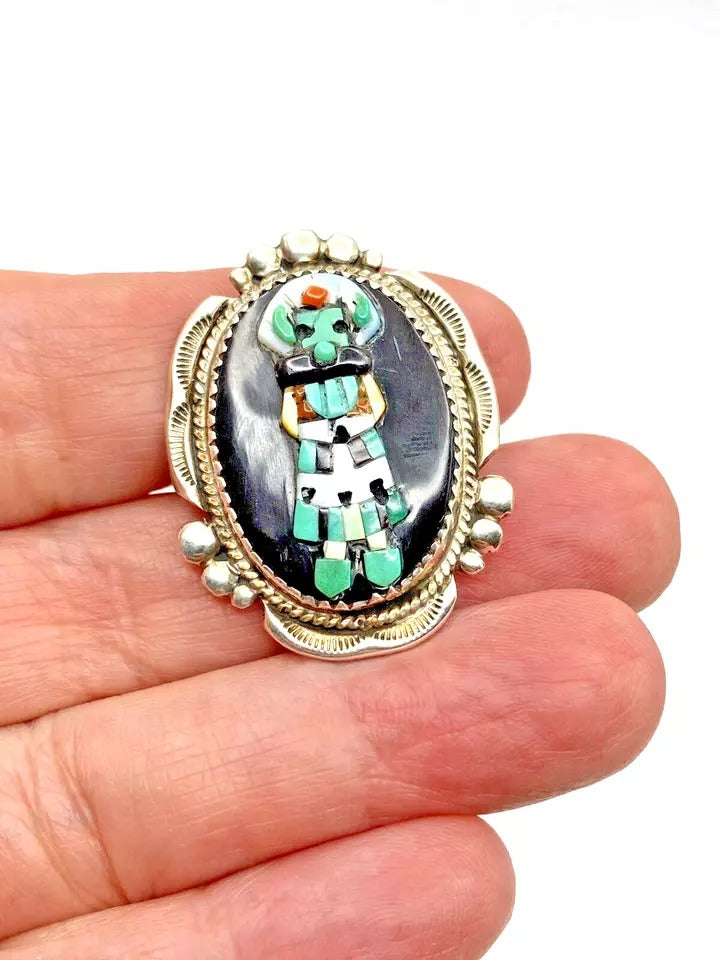 VTG Zuni Sterling Kachina Ring Raised Inlay SZ 8 Turquoise Jet MOP Signed Pinto