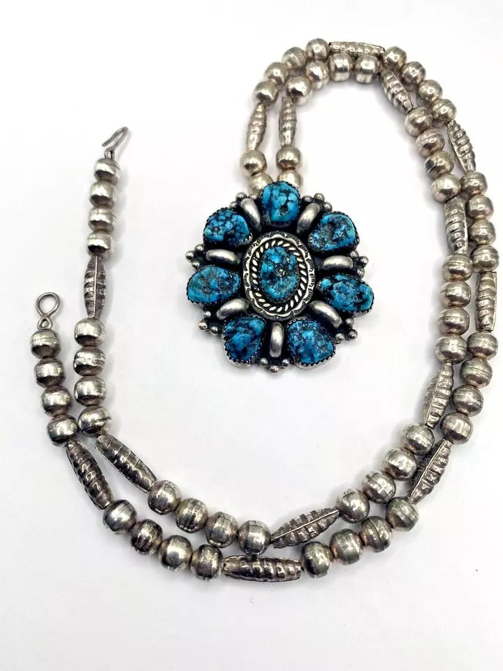 VTG Sterling Kingman Turquoise Nugget Cluster Bracelet Necklace Set Navajo