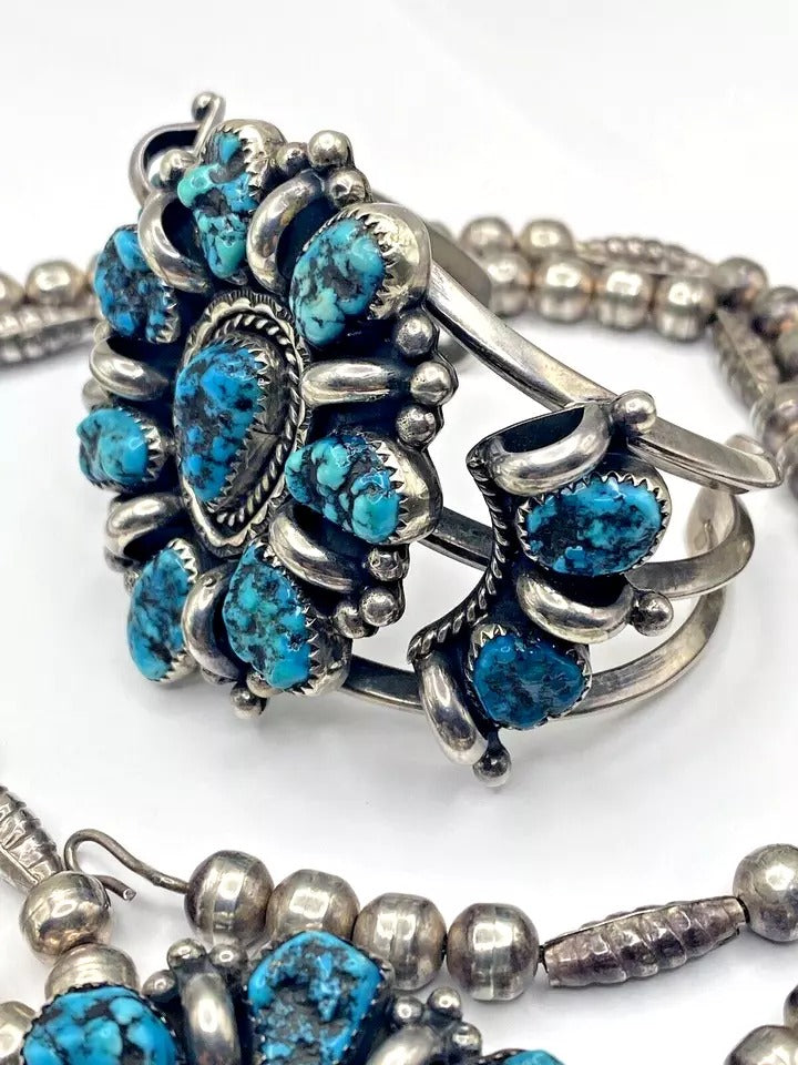 VTG Sterling Kingman Turquoise Nugget Cluster Bracelet Necklace Set Navajo