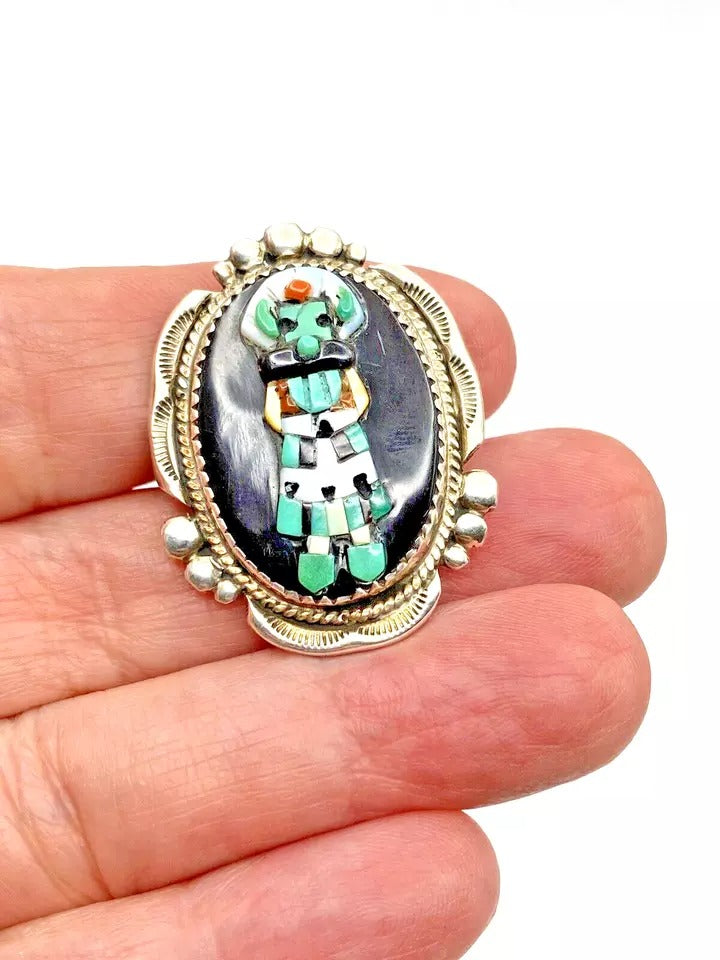 VTG Zuni Sterling Kachina Ring Raised Inlay SZ 8 Turquoise Jet MOP Signed Pinto