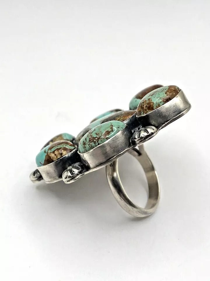 Green Turquoise Sterling Silver Statement Ring SZ 10 Adjustable Native American