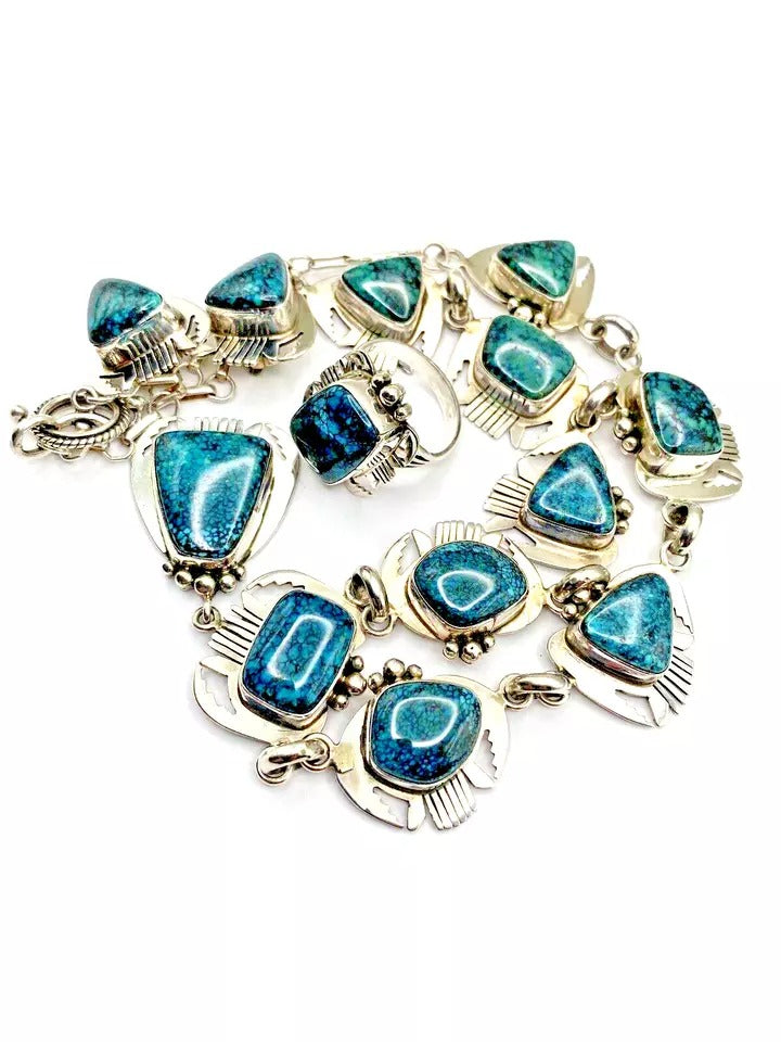 VTG Sterling Spiderweb Turquoise Necklace Ring Earring Set Navajo Lee Bennett