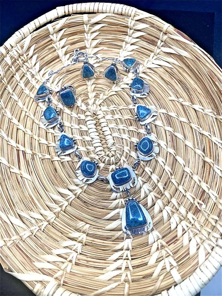 VTG Sterling Spiderweb Turquoise Necklace Ring Earring Set Navajo Lee Bennett