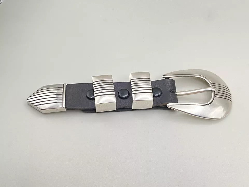Native American Sterling Silver Large Ranger Belt Buckle Set Navajo Curtis Pete