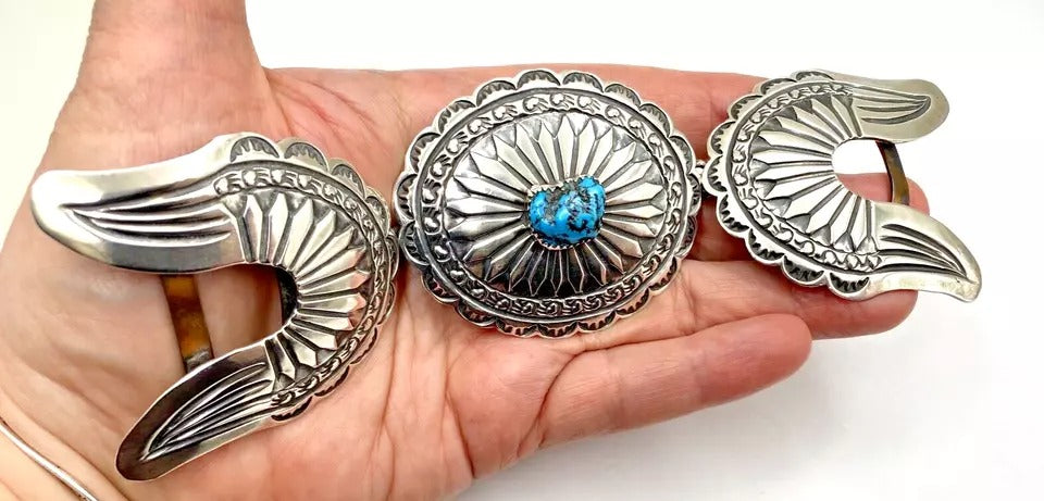 Vintage Retro 3 Piece Belt Buckle Set Sterling Silver Turquoise Navajo Signed