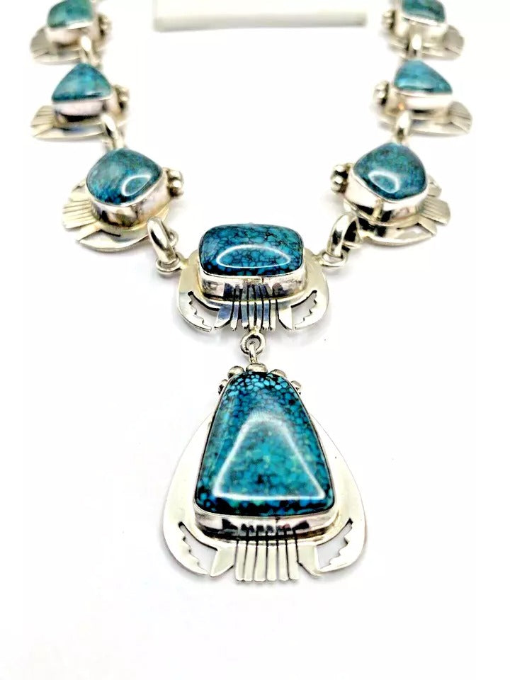 VTG Sterling Spiderweb Turquoise Necklace Ring Earring Set Navajo Lee Bennett