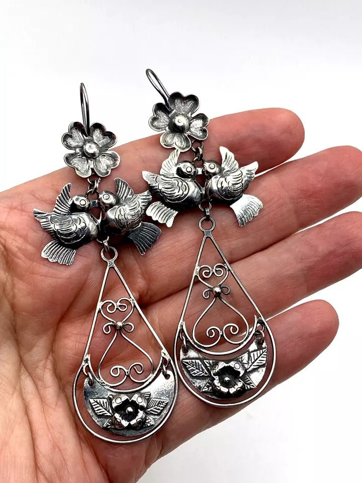 Federico Jimenez Dangle Earrings Sterling Silver "Frida's Doves" Native American