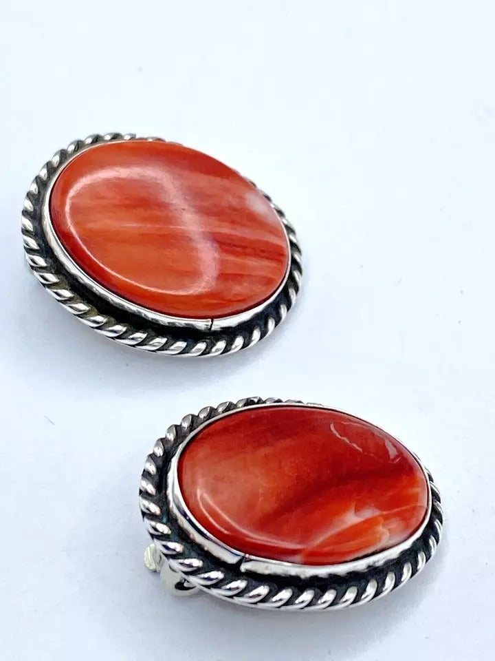 Vintage Spiny Oyster Shell Earrings Sterling Silver CLIP ON Native American