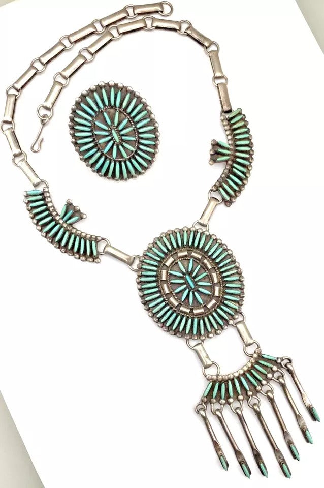 Vintage Green Turquoise Needlepoint Necklace Ring Set Sterling Zuni DJ Ghahate