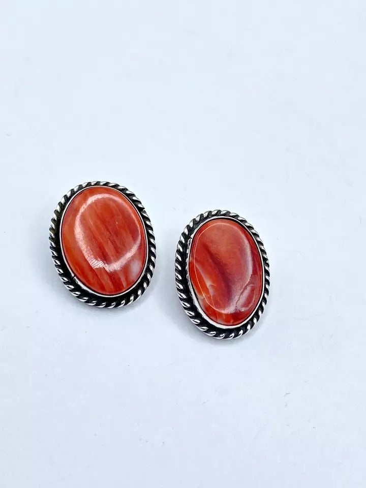 Vintage Spiny Oyster Shell Earrings Sterling Silver CLIP ON Native American