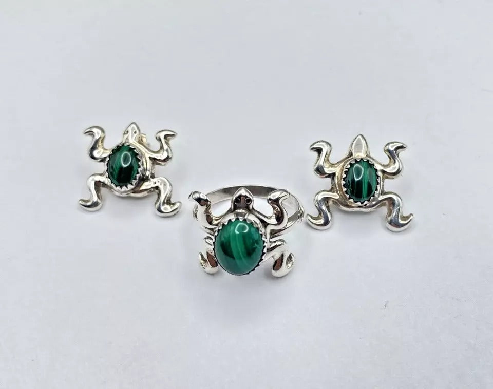 Sterling Silver Malachite Ring Earring Set Frog Figurine SZ 6.5 Native American