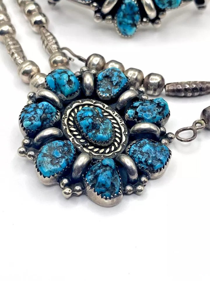 VTG Sterling Kingman Turquoise Nugget Cluster Bracelet Necklace Set Navajo