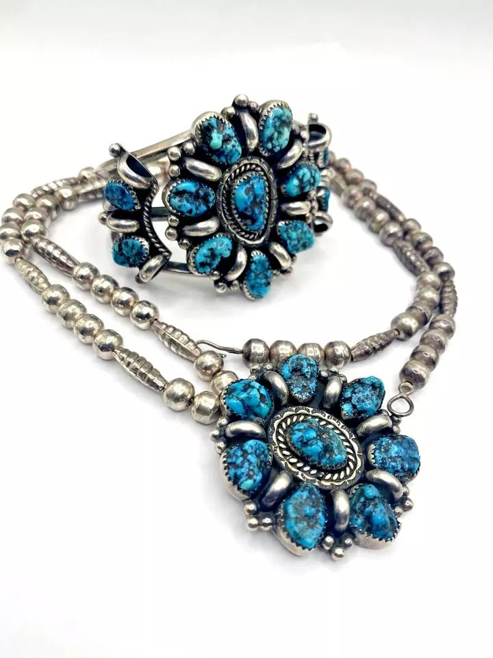 VTG Sterling Kingman Turquoise Nugget Cluster Bracelet Necklace Set Navajo