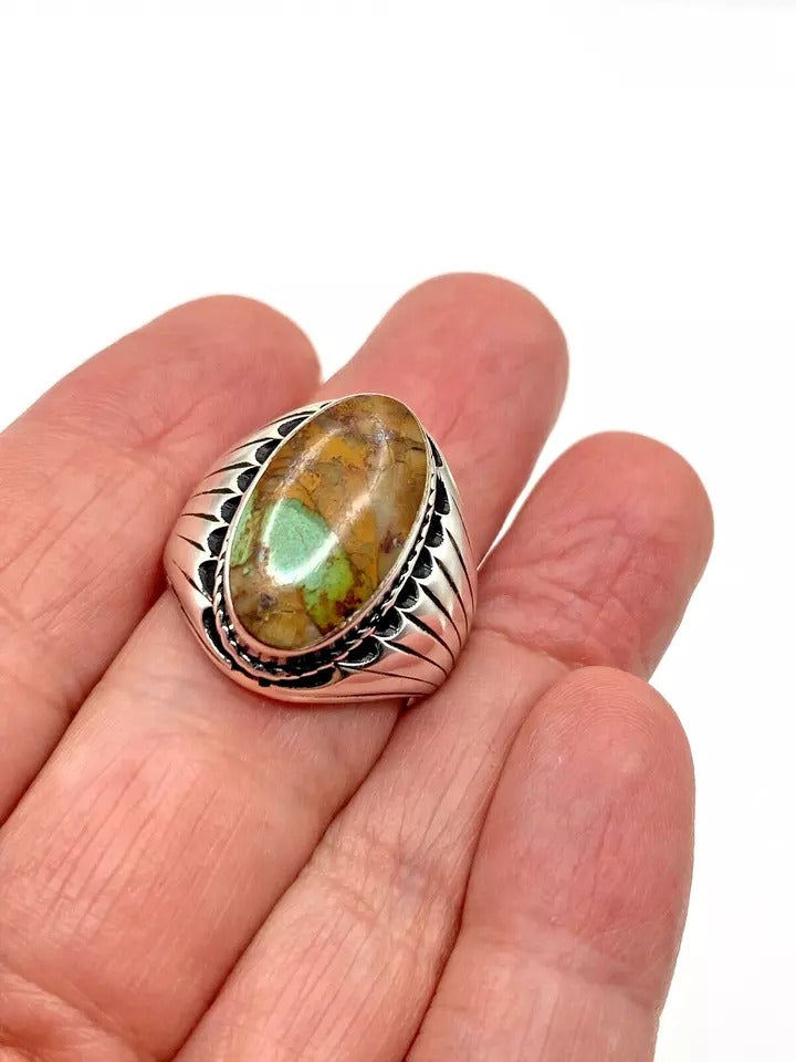 Boulder Ribbon Turquoise Ring Sterling Silver SZ 9.5 Native American Signed