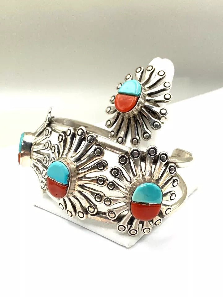 Turquoise Coral Inlay Bracelet Ring Set Vintage Sterling Silver Navajo 1970s
